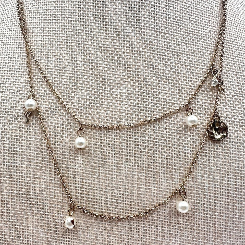 Vintage 90s Gold Tone Double Layer Chain Pearl Charm Station Necklace Jewelry